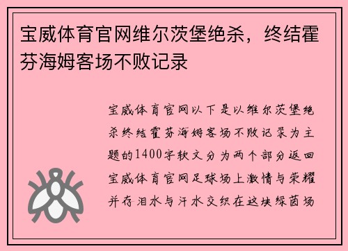 宝威体育官网维尔茨堡绝杀，终结霍芬海姆客场不败记录