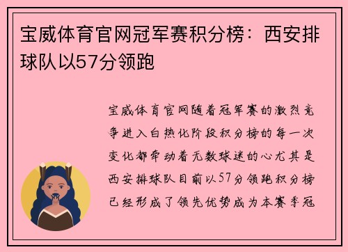 宝威体育官网冠军赛积分榜：西安排球队以57分领跑