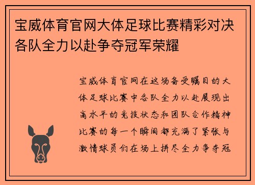 宝威体育官网大体足球比赛精彩对决各队全力以赴争夺冠军荣耀